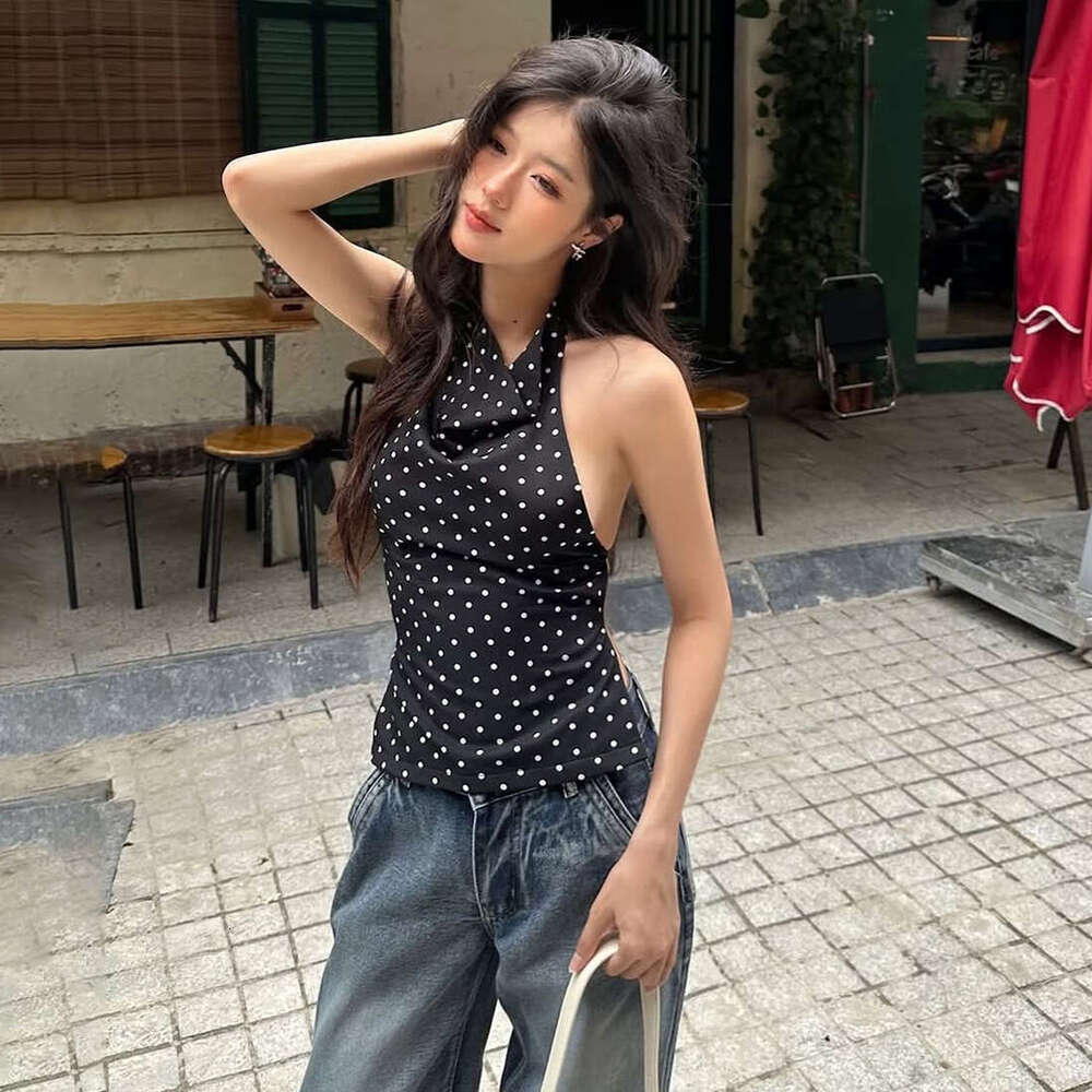 2025 Summer New Slim Sexy Elegant Versatile Hot Girl Backless Sleeveless Halter Waist-Cinching Top e00