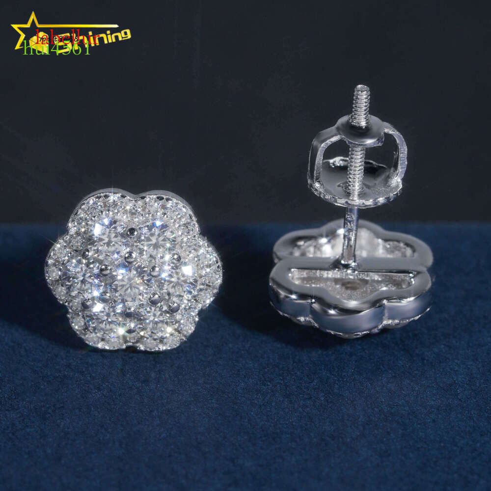 Gold Plated Flower Earrings Hip Hop Jewelry Sterling Sier Cluster Moissanite Ear Studs Screw Back Pass Dia Tester