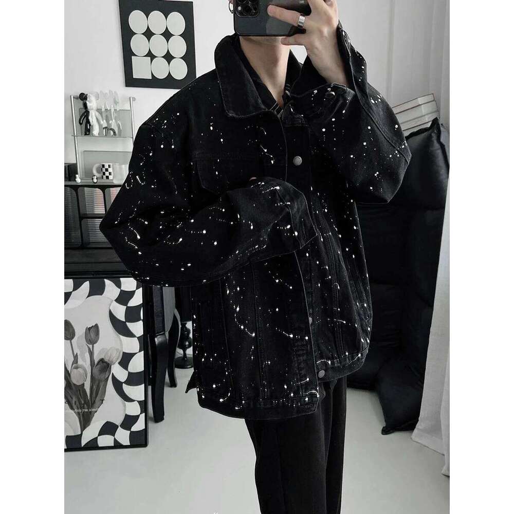 Men's 2025 Spring Autumn Loose Trendy Male Handsome Long Sleeve Tooling Coats Casual Denim Jacket Splash Ink Point Jackets