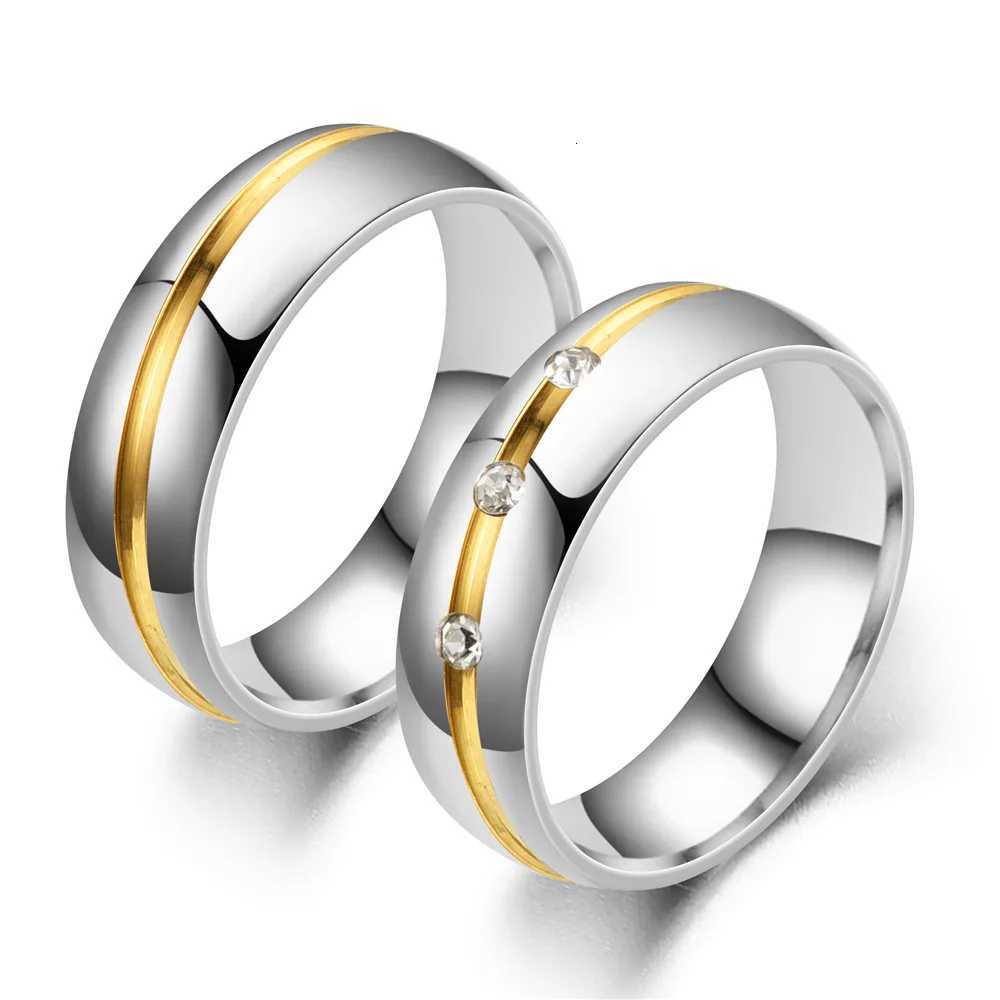 Fashionable stainless steel couple rings with rhinestone zirconia inlay for men and women wedding party jewelry Valentines Day gifts W250417