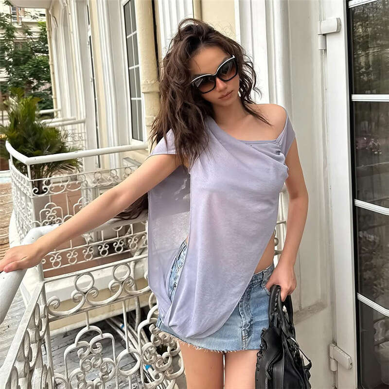 INS Style 2025 Spring New Women's Solid Color Slim Street Fashion Asymmetrical Neck Short Sleeve Two-Piece Set 39e