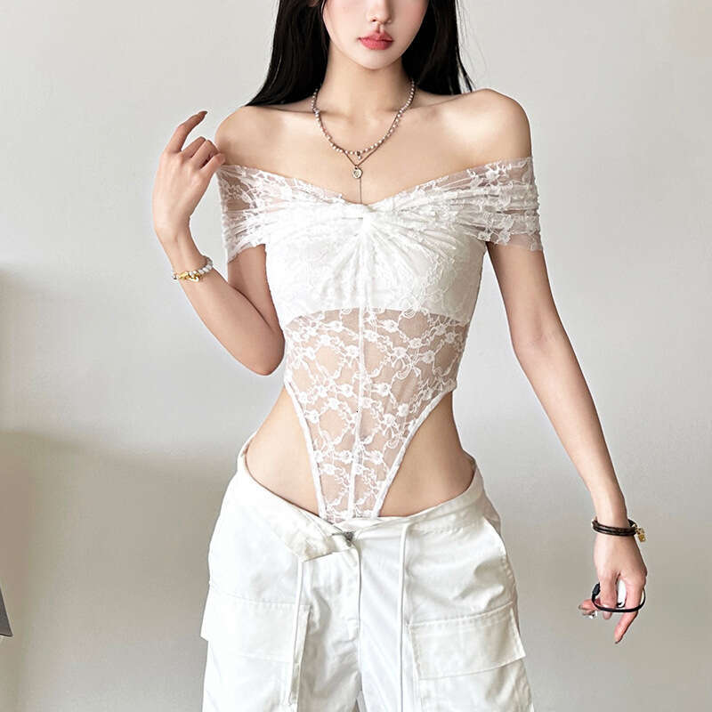 2025 Spring New Women's Solid Color Slim Fit Fashion Off-Shoulder Lace Mesh Jumpsuit 8af