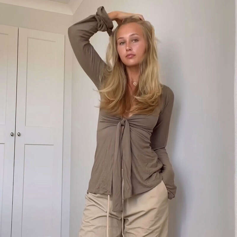 Q23tp671 Women's Autumn New Solid Color Twist Bell Sleeve Split Cropped Top T-Shirt B5