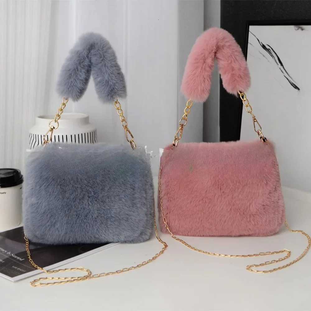 Fi Wen Fluffy Shoulder Bags Fem Winter Chain Underarm Bag Solid Color Handbag Soft Plush Handle Bag Y250725