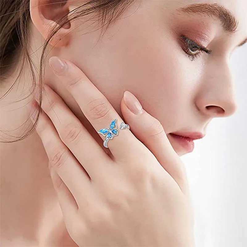 SMJEL Fidget Rotating Ring for Womens Anxiety Multi Crystal Flower Eyes Butterfly Animal Ring Rotating Pressure Resistant Wedding Jewelry W250417