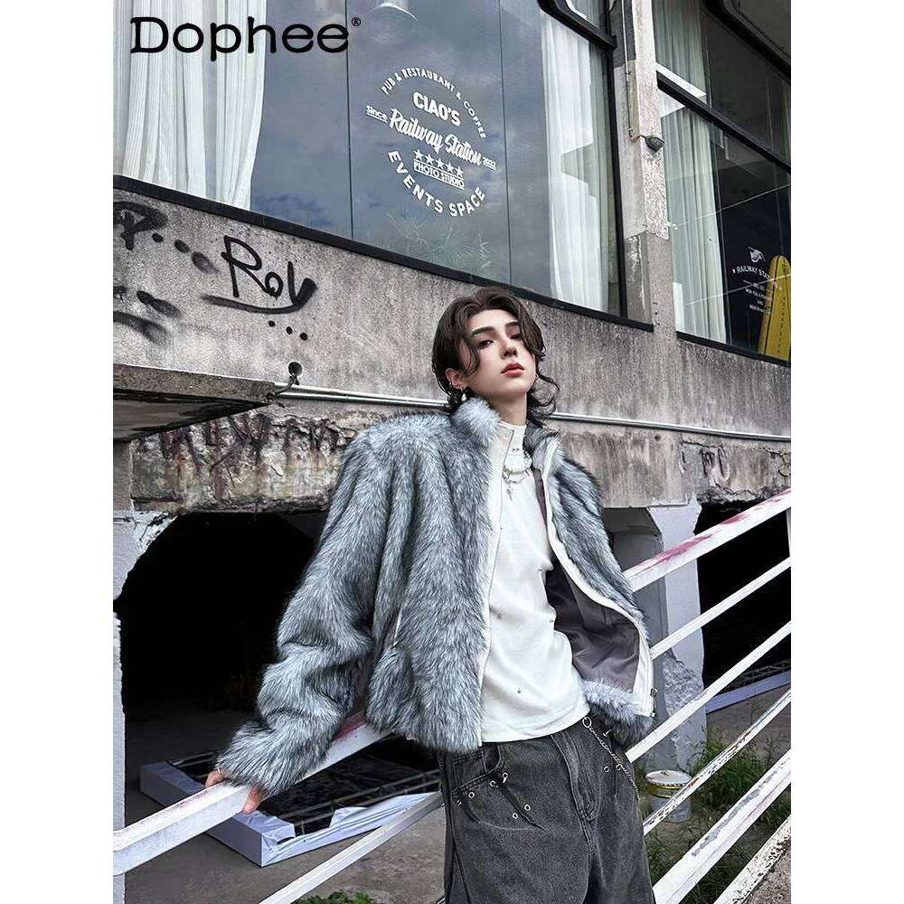 Trendy Male Imitation Mink Jackets Men's 2024 Autumn Winter New Loose Grey Coat Long Sleeve Zipper Faux Fur Coats
