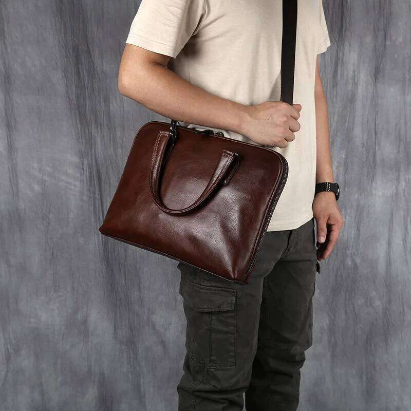 Vintage Men's Briefcase Top Layer Cowhide Casual Handbag Leather Business Shoulder Messenger Brown 14 Inch Laptop Bag NZPJ