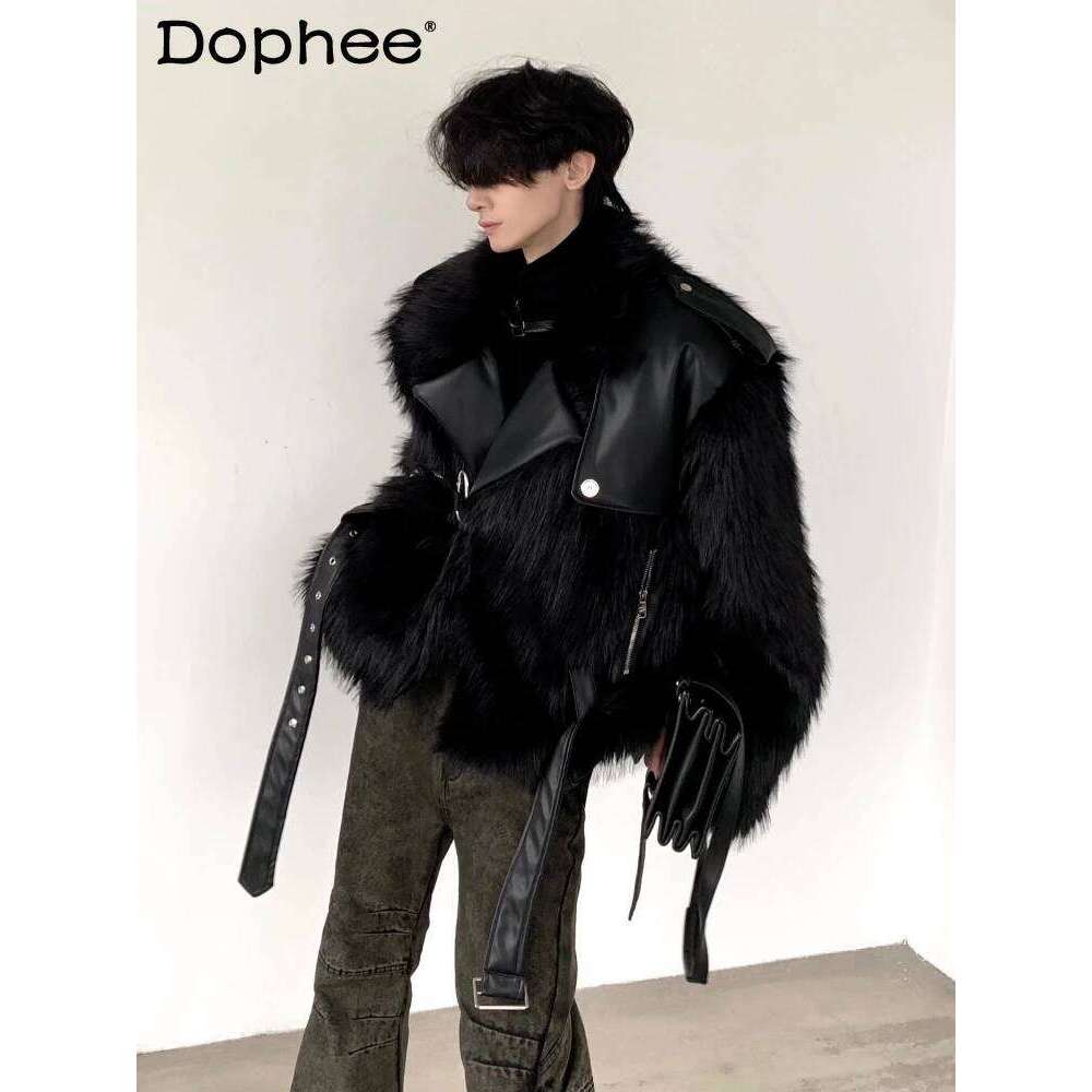 High-End Black Mink Plush Faux Coat Men's 2025 Winter Fur Integrated Thickened Jackets Trendy Male Long Sleeve Coats