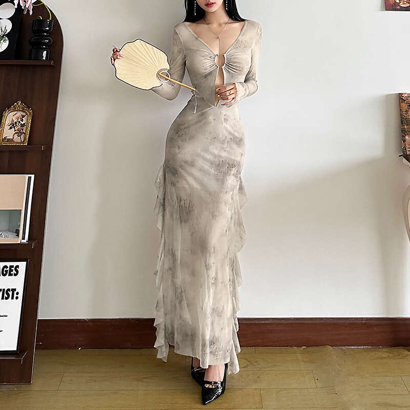 2024 Autumn Winter New Fashion Sexy Sleeve V-Neck Hollow Out Long Dress for Women 93b