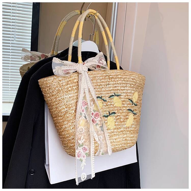 Luxury Brand Designer Bag Zuo Xing Handmade Lemon Embroidered Straw Bag Large Capacity Handheld Woven Bag French Style Shoulder Beach Vacation Bag