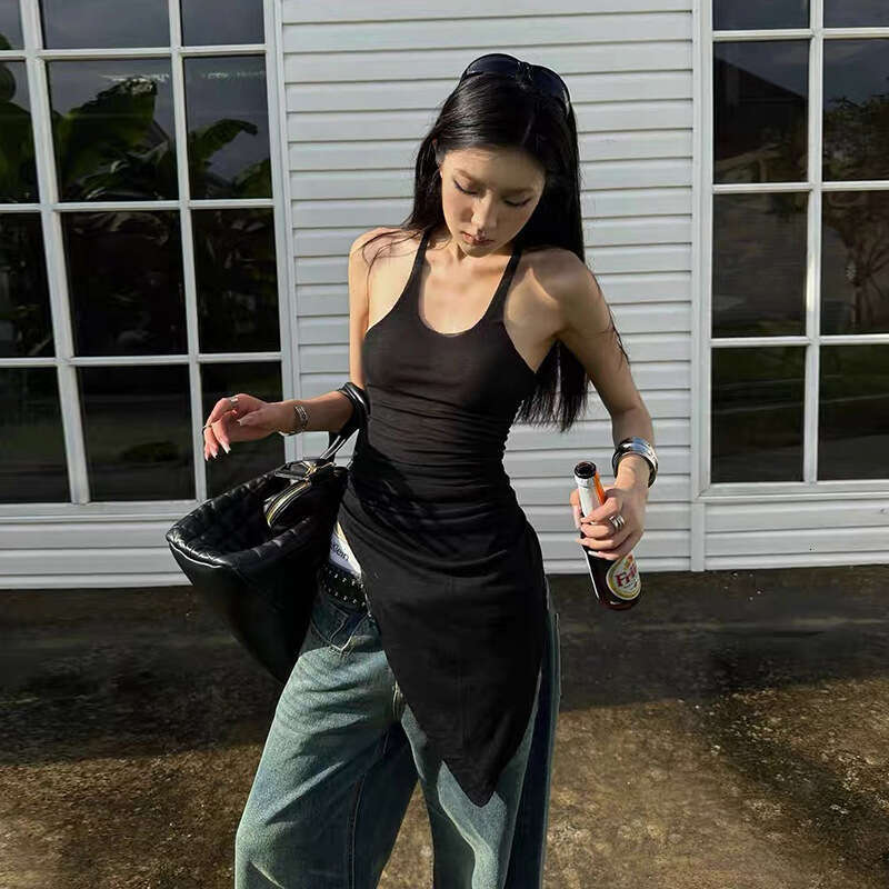 2024 Spring New Women's Solid Color Slim Street Fashion U-Neck Strap Mid-Length Vest 8ed