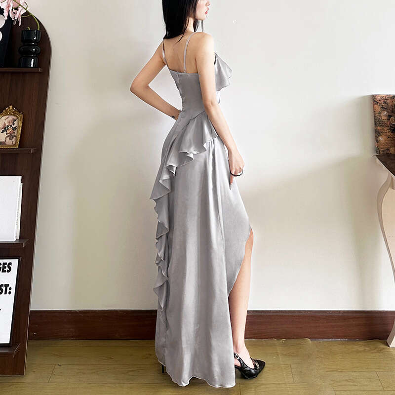 2025 Spring Summer New Solid Color Sexy Strap Off-Shoulder Split Dress for Women 49a