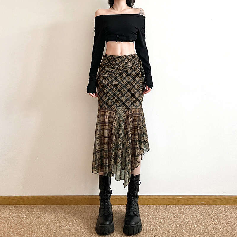 2024 Spring New Women's Solid Color Slim Fit Street Fashion High Waist Pencil Plaid Skirt 10f