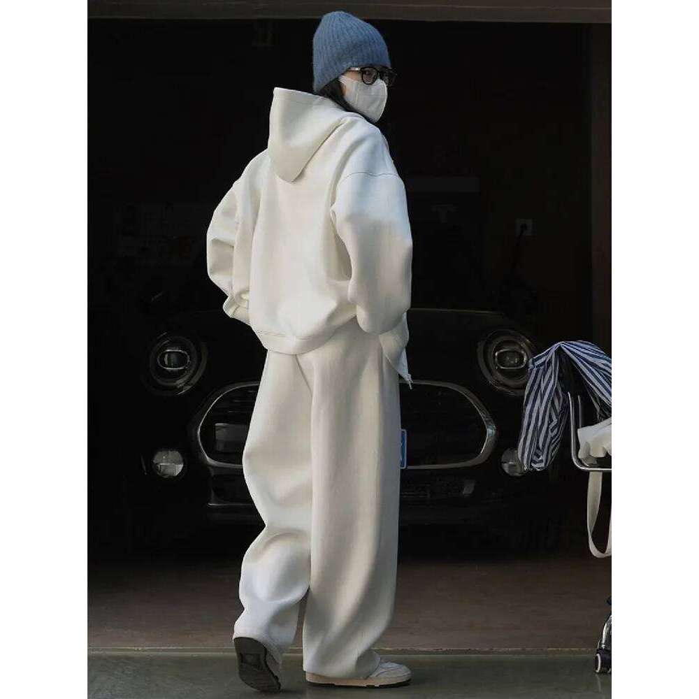 Spring Autumn Fashion Two-Piece Set Women Grey Tracksuit Hooded Sweatshirt Coat+Drawstring Wide Leg Sweatpants Sport Suits