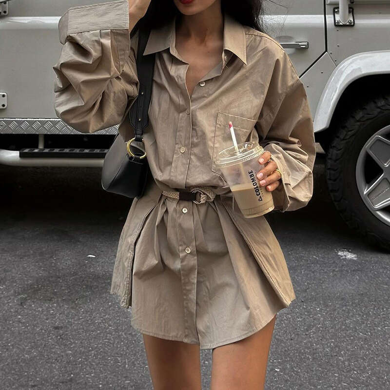 2024 Summer New Women's Solid Color Loose Street Fashion High Waist Turn-Down Collar Long Sleeve Dress f54