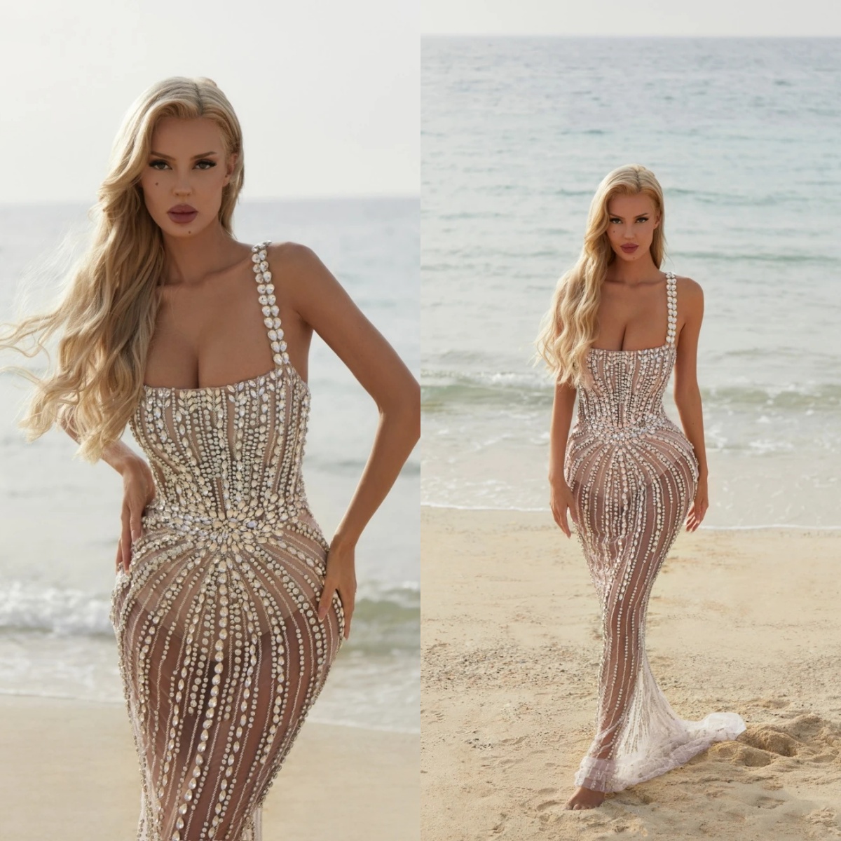 Luxurious Crystal Evening Dresses Customized Sexy Beaded Sleeveless Prom Dress Illusion Spaghetti Straps Party Gown