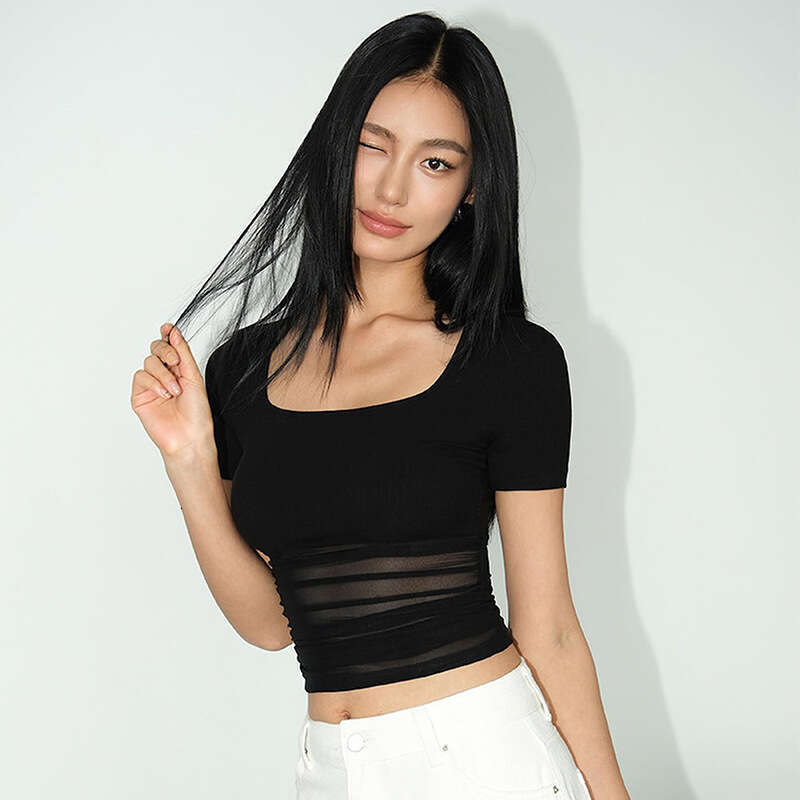 Qtp322 Women's Summer New Solid Color Square Neck Short Sleeve Patchwork Sexy T-Shirt Top For Women B5