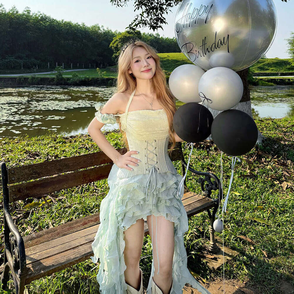 2025 Summer New Fashion Halter Neck Waist-Cinching Slim Irregular Ruffle Dress Set for Women e78