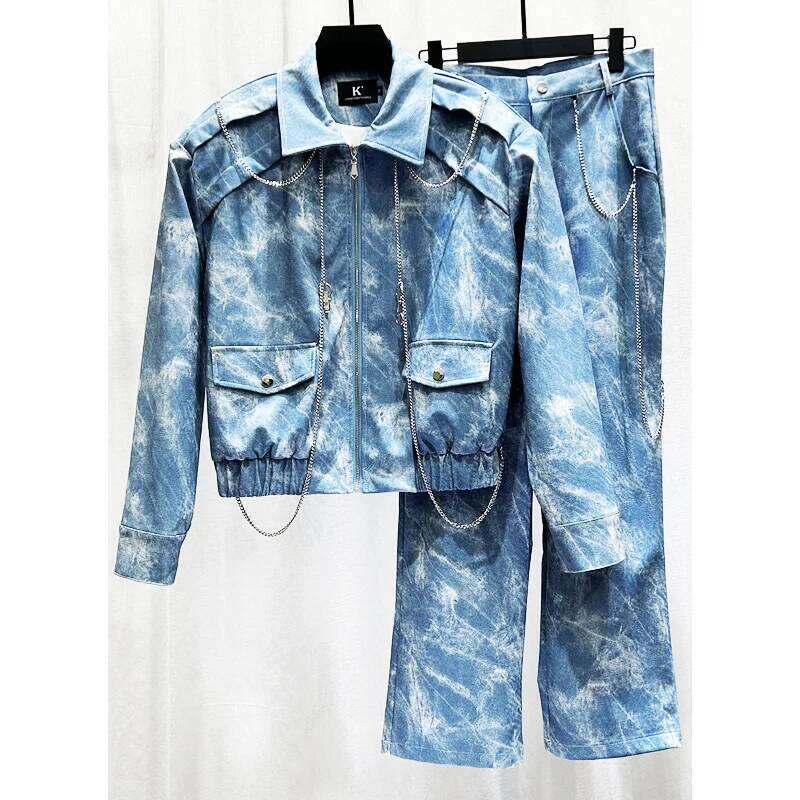 2025 Autumn Winter New Male Chain Design Shoulder Padded Short Two-Piece Men's Trendy Loose Denim Jacket Trousers Set