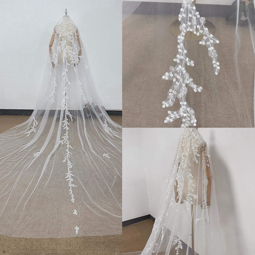 Romantic Bride Veils One Layers 3M Long Cathedral Appliques Lace Edge Sequin With Comb Wedding Veils Customized