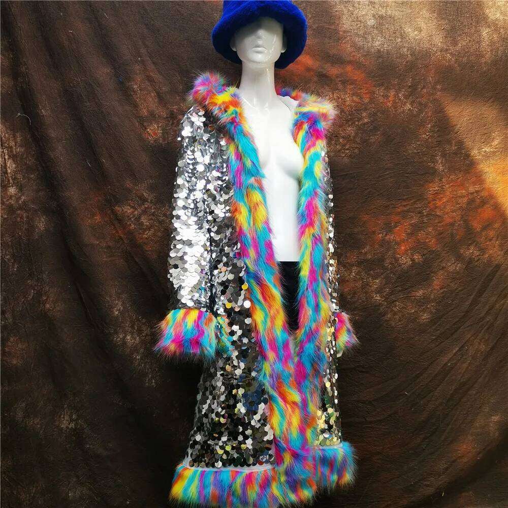 New Fashion Cute Women Colorful Faux Fox Fur Rainbow Sequined Hood Nightclub Long Coat Jacket Stage Party Costumes