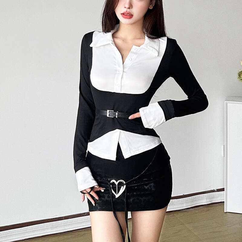 2024 Autumn New Street Fashion Sexy Slim Fit Solid Color Tie Waist Bodycon Skirt dfb