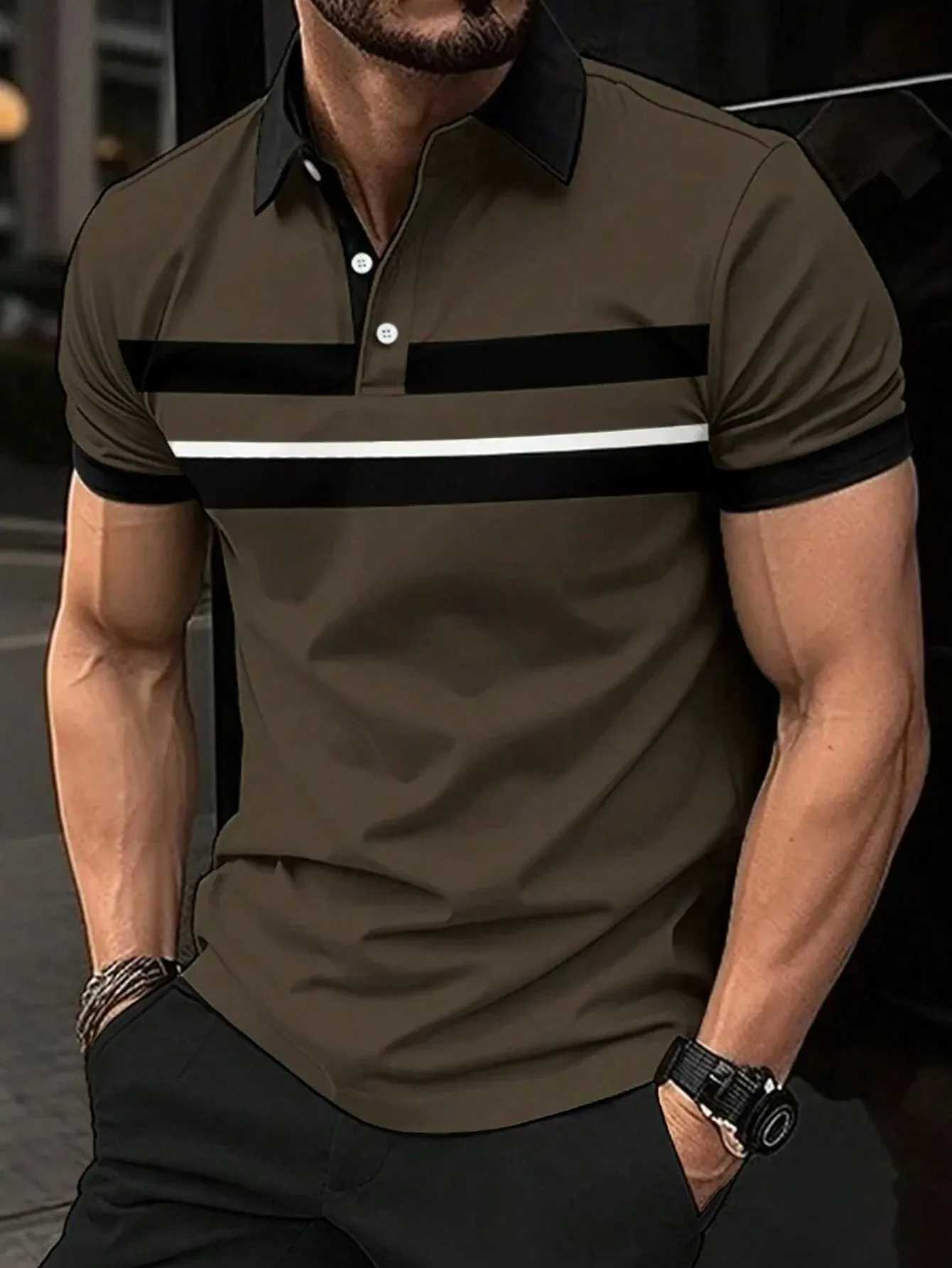 Mens Polo Shirt Button Collar Short Sleeve Pullover Summer Casual Sports Solid Color Striped Lapel Trend Mens T-Shirt Tops XJ250725