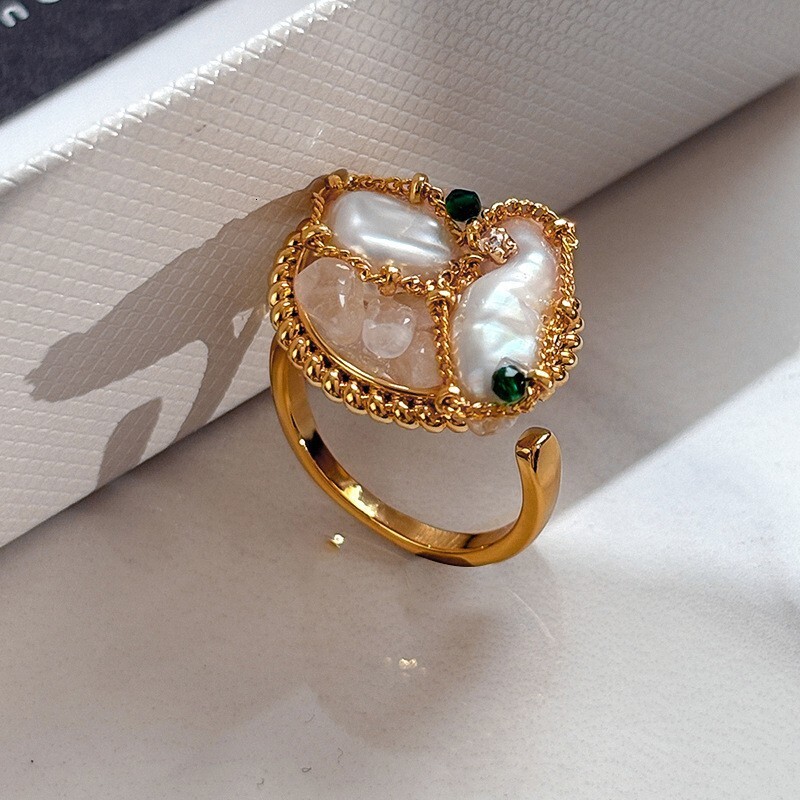 Cuban Colorful Natural Pearl Designer Jewelry Ring For Women, Vintage Luxury Jewelry Light Luxury Adjustable Ring, High-end Versatile Zircon Index Fin
