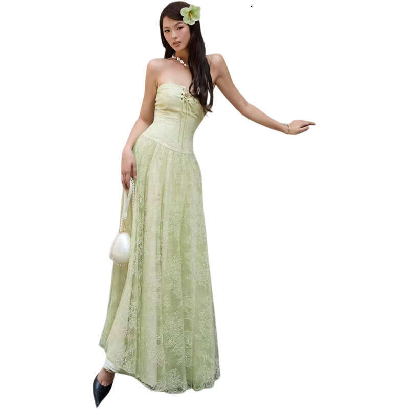 2025 Summer New Strapless Mid-Length Fresh Slim Fit Elegant Slimming Waist Mesh Dress for Women 10d