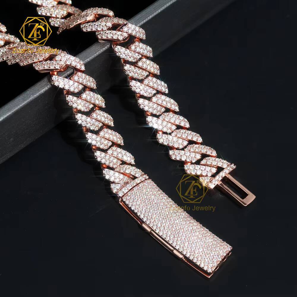 Factory Custom Classic Cuban Link Chain Pass Diamond Tester Rose Gold Bent Buckle 925 Silver Moissanite Cuban Necklace