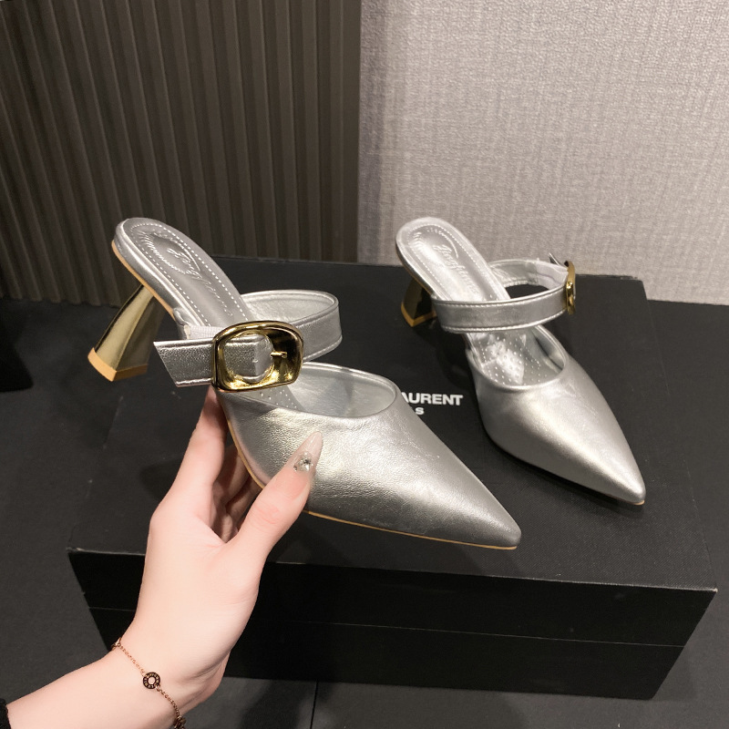 Ddmysports Spring Summer New Elegant French Style High For Women Pointed Mules Thin Heel Sexy Closed Toe Sandals Outdoor Shoes