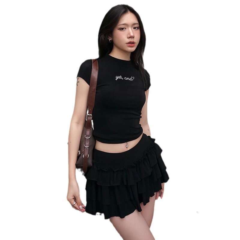 2024 Summer New Women's Solid Color Short Sleeve Crop Top T-Shirt High Waist Skirt 47d