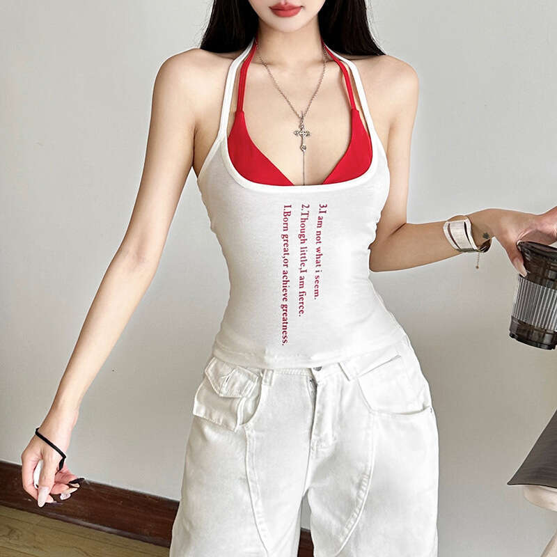 Women's Summer New Fashion American Style Small Letter Print Sexy Halter Two-Piece Set Tank Top b19