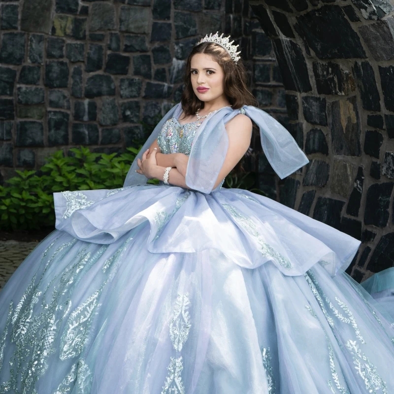 Light Green Shiny Quinceanera Dresses Off Shoulder Ball Gown Sweet 16 Dress Applique Lace Beads Tull Birthday Party Vestidos De 15 Anos