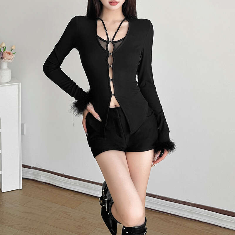 2024 Autumn New Women's Solid Color Slim Fit Crop Street Fashion V-Neck Long Sleeve Top 880