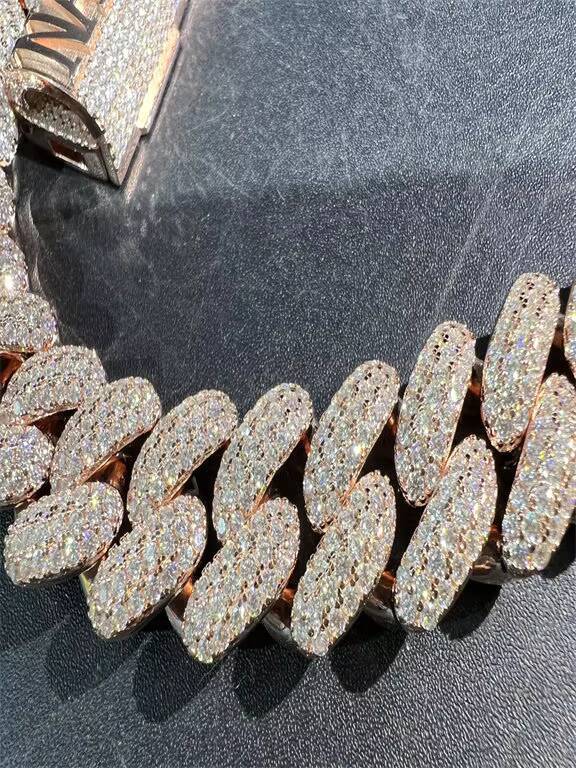 Hot Selling High End Luxury Vvs Moissanite 925 Sterling Silver Plated With 18k Rose Gold 18mm 24 Inch Cuban Chain