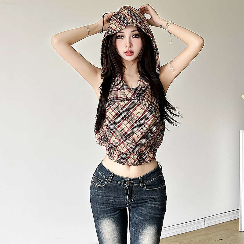 2024 Summer New Women's Solid Color Slim Street Fashion Hooded Sleeveless Backless Top d51