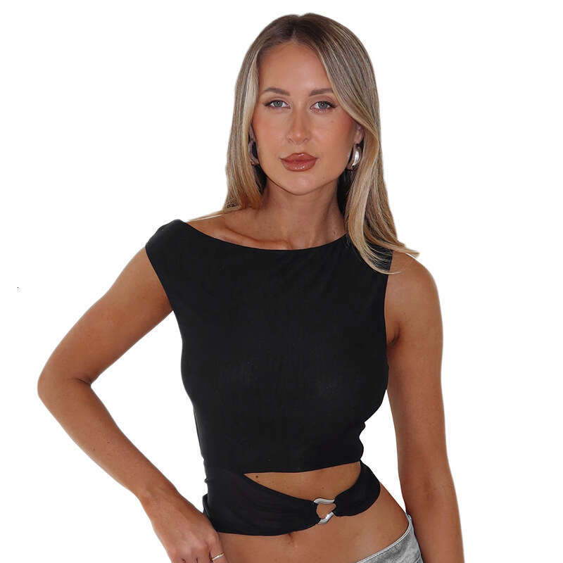 Y25tp144 Women's Summer New Solid Color Asymmetrical Shoulder Metal Ring Personality Slim Vest B5