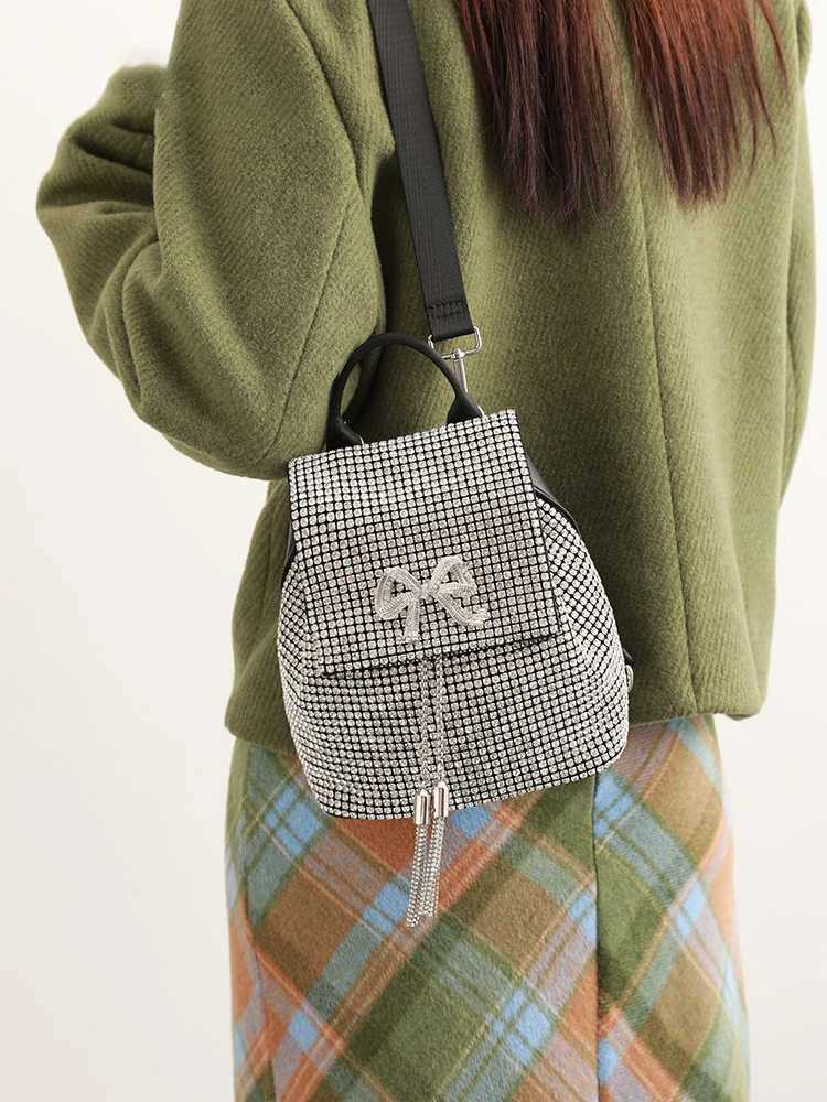 Luxury Designer Diamond Backpack for Women New Versatile Cute College Student School Bags High-end Chic Bow Bucket Bags Y250724