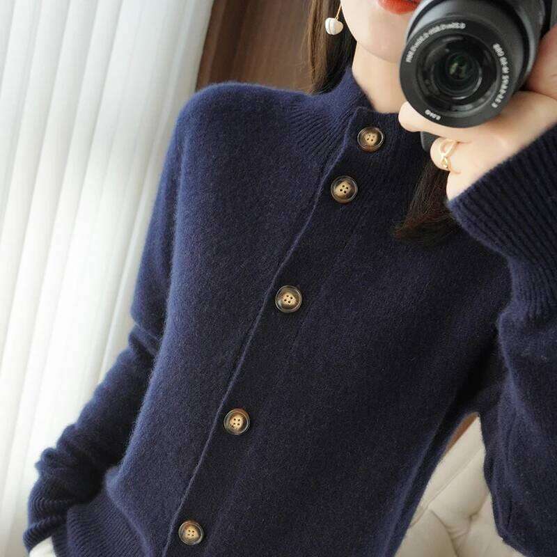 Autumn And Winter 100% Wool Cashmere Women's Self-Cultivation Half High Neck Cardigan Warm Knitted Sweater Women MDNG