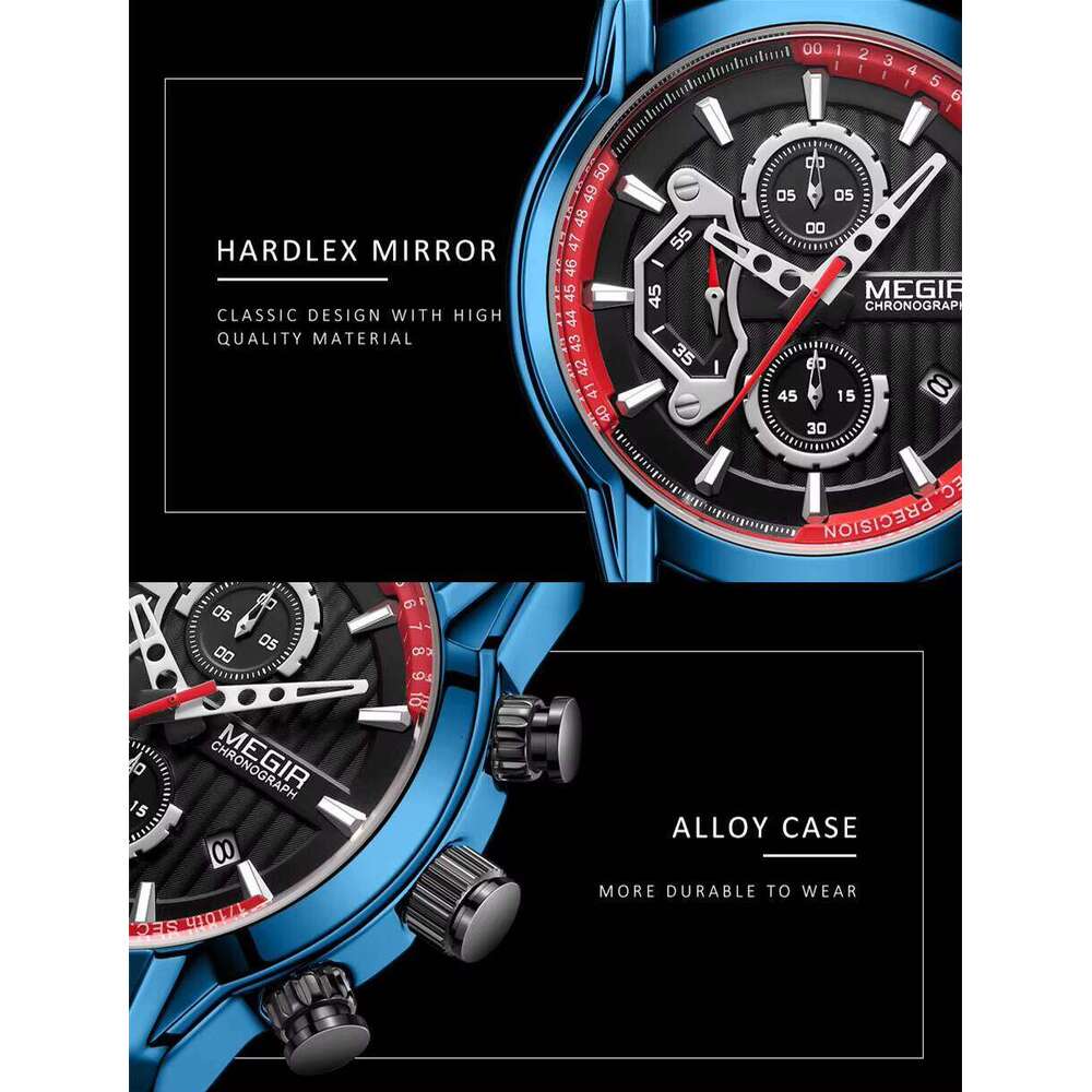 MEGIR Men's Oversized Chronograph Watch - 53mm Genuine Leather, Waterproof, Luminous - Bulk Wholesale Watch