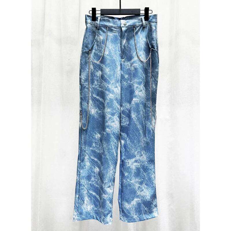 2025 Autumn Winter New Male Chain Design Shoulder Padded Short Two-Piece Men's Trendy Loose Denim Jacket Trousers Set