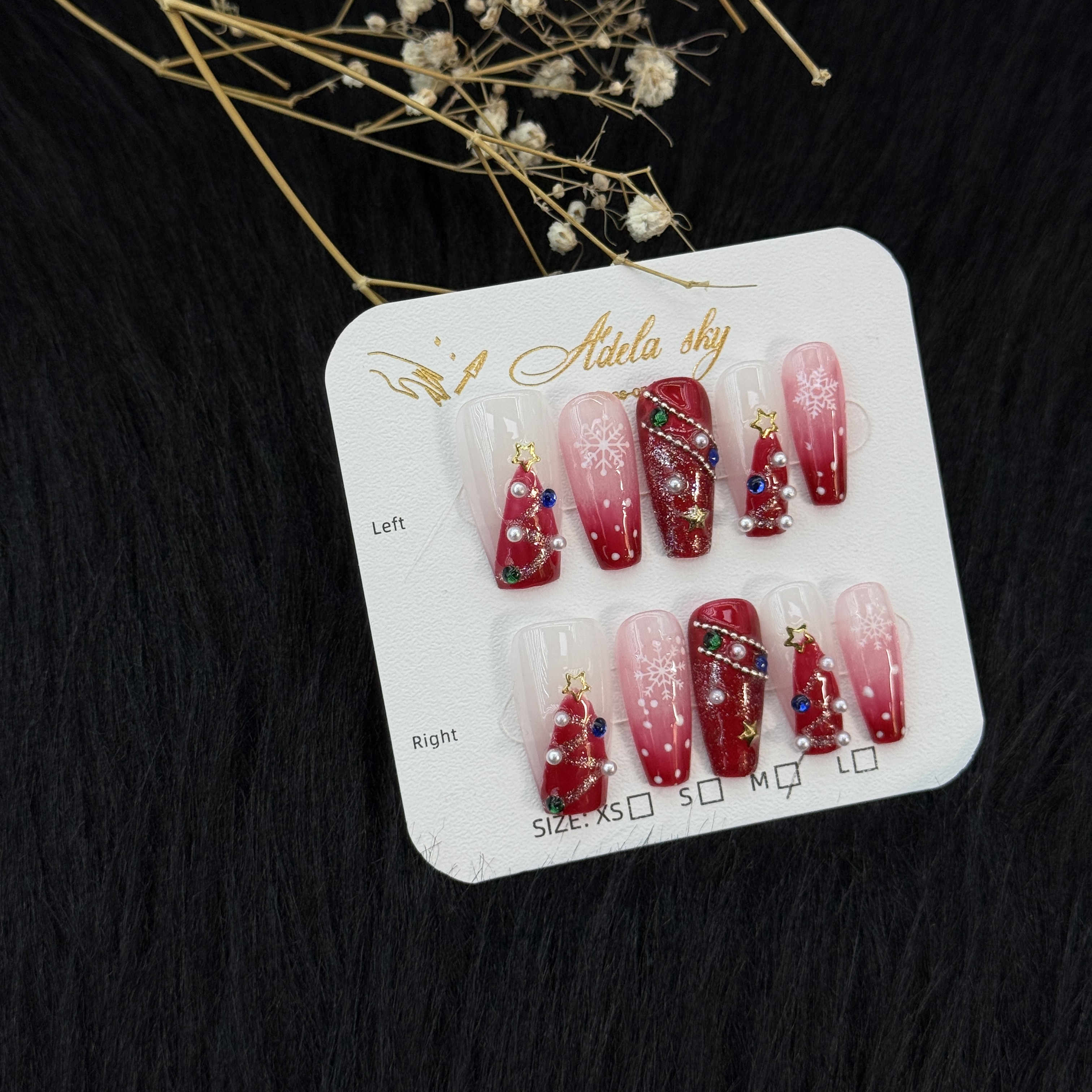 Christmas-themed Gradient Red Rhinestone-accented Press - on Nails