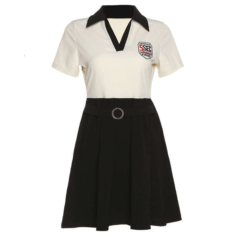 2023 Summer New Women's Solid Color Slim High Waist Fashion Turn-Down Collar Short Sleeve Label Dress b13