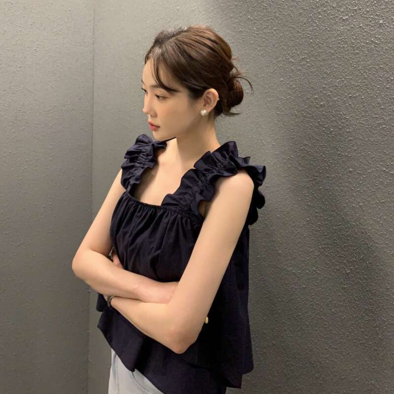 SXZY Summer Korean and Japanese New Loose Slimming Niche Design Front Short Back Long Ruffle Vest Top for Women