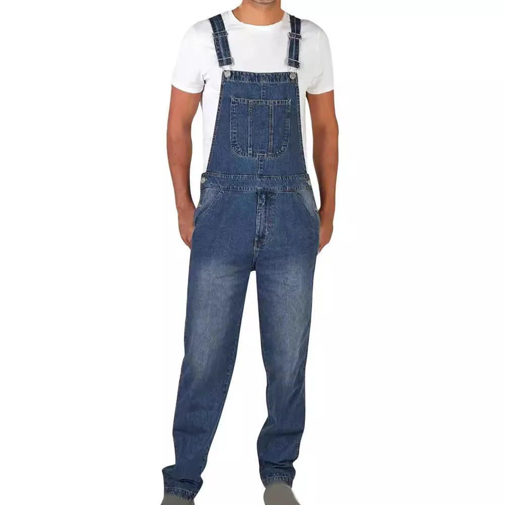 Overalls Jeans Men Ankle Length Jumpsuits Straight Pants Spliced Pockets Loose Vintage Wash Denim Casual Solid 250725