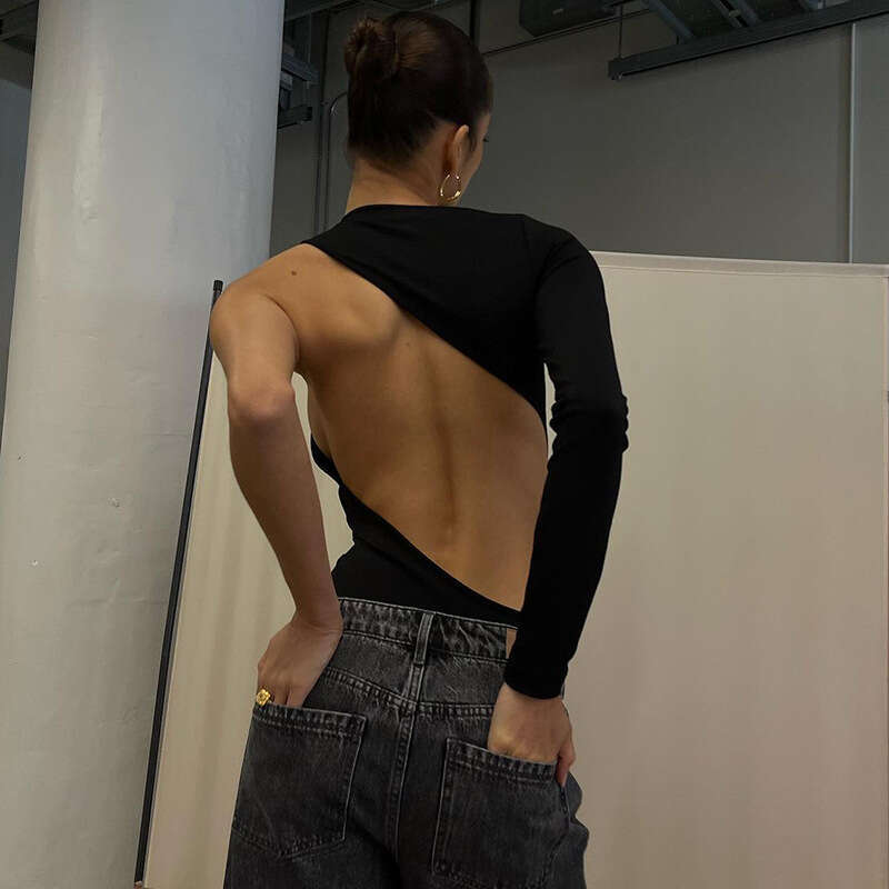 Y22bs533 Women's Autumn New Solid Color Casual Round Neck Single Shoulder Long Sleeve Backless Slim Fit Jumpsuit Top B5