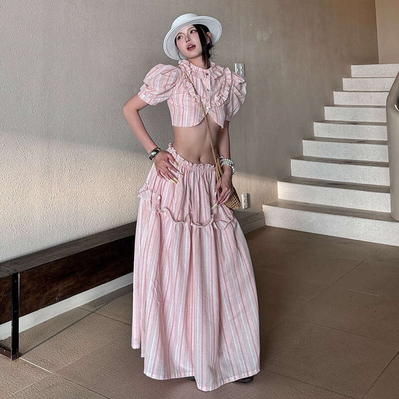 2025 Summer New Style Off-Shoulder Hollow Out Bustier Top Loose Draped Midi Skirt Women's Fashion a63
