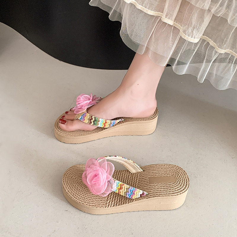 Ddmysports New Fairy Style Wedge Flip Flops For Women Summer Fashion Straw Woven Flower Thick Sole Casual Pastoral Vacation Beach Sandals Outdoor Shoe