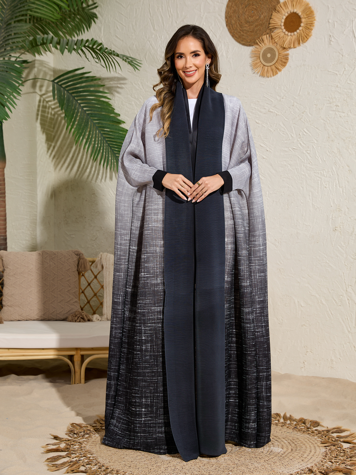 Long robe coat Ethnic Clothing The Middle Eastern printed pleated robe coat is elegant in Arab style NZ018